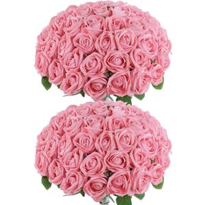 LFF Pink Roses Artificial Flowers, 50Pcs Premium Velvet Fake Roses with Stems, Realistic Faux Roses for Wedding Bouquet, Centerpieces, Home & Party Decoration