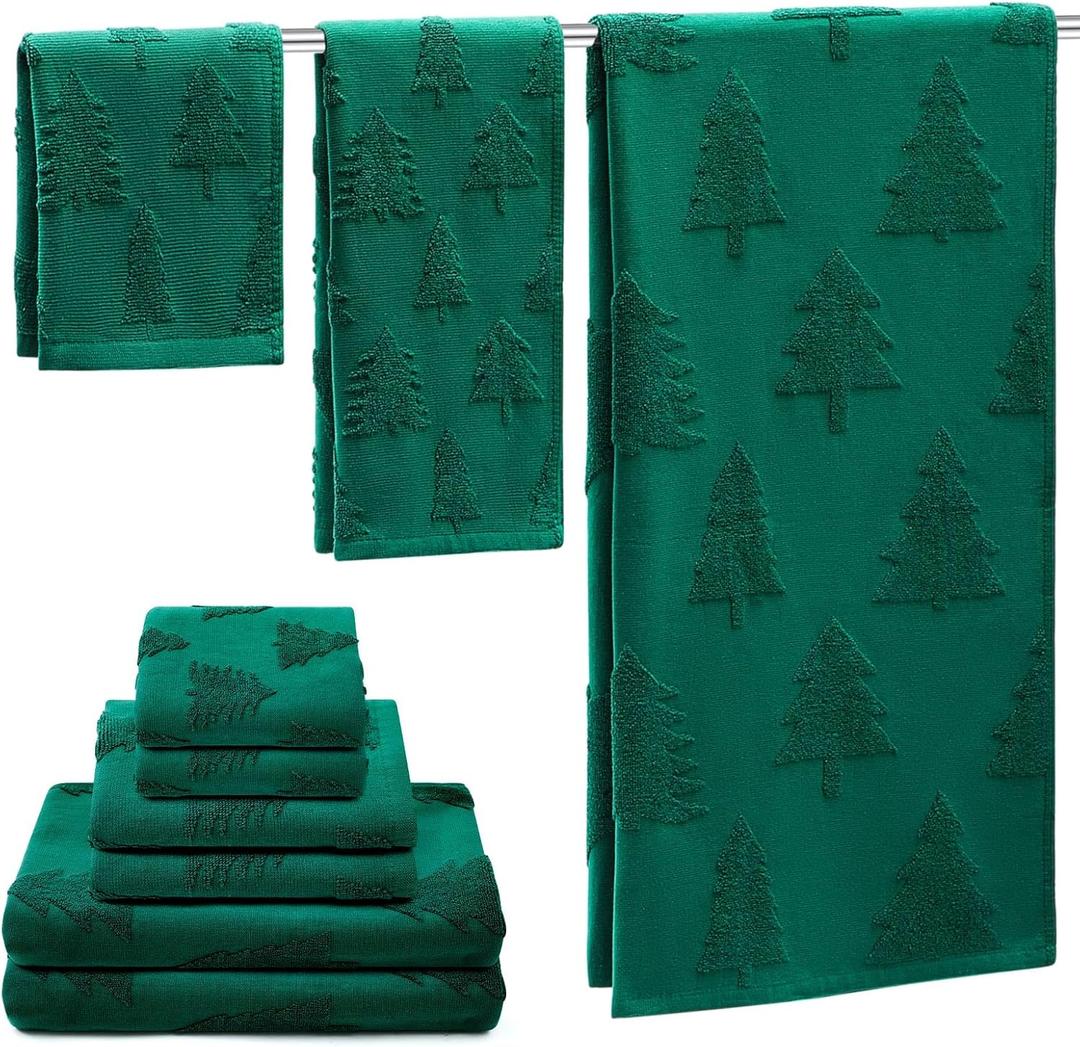 Peryiter 6 Pack Cotton 3D Christmas Bath Towels Set Green Christmas Tree Towels for Bathroom, Soft and Absorbent, Contains 2 Bath Cloth, 2 Hand Cloth and 2 Wash Cloths