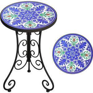 Mosaic Outdoor Side Table, Patio Side Table, Weather Resistant 14" Diameter 21" H Ceramic Tile Round Outside Table for Patio, Porch, Garden, Pool, Indoor&Outdoor,Plant Stand (Blosom Blue)