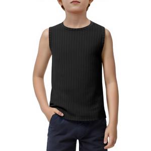 Haloumoning Boys Tank Tops Athletic Sleeveless Crewneck T-Shirts Kids Ribbed Knit Undershirts (130, Black)