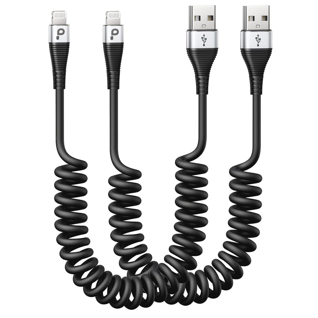 Coiled iPhone Charger Cable for Car, Lightning Cable 2 Pack 5ft, [Apple MFi Certified] Short iPhone Charger Cord Compatible with iPhone 14/13/12/11 Pro Max/XR/8/iPad/CarPlay (Silver)