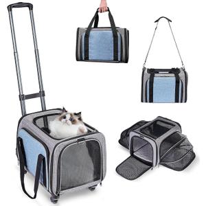 Pet Carrier with Wheels for Cat and Small Dogs: Expandable Airline Approved Rolling Cat Carrier - Cat Carrier Soft for Pets Under 25lbs Travel Plane Trip (Blue)