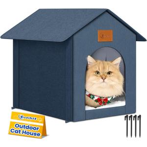 Outdoor Cat House Feral Cat Shelter,Outside Waterproof Cat House for Outdoor/Indoor Cats, Insulated Cat Bed for All Seasons with Cozy Cushion Easy to Assemble (Navy Blue, Floor Spike Style)