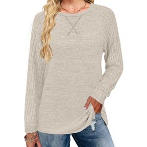 JomeDesign Long Sleeve Shirts for Women Crew Neck Sweatshirts Lightweight Sweaters Side Split Loose Casual Blouses (Beige, L)