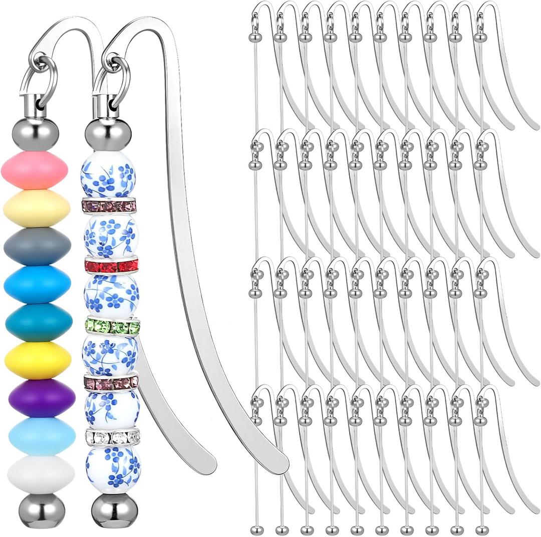 40 Pcs Beadable Bookmarks DIY Metal Blank Bar Bookmark for Beads Modern Bead Craft Jewelry Pendant Charm Gift for Book Lovers Student Teacher Office Supplies(Silver)