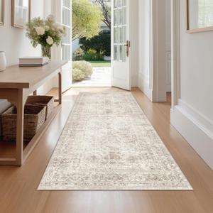 Fmfunctex 2x8 Runner Rug Beige Washable Vintage Neutral Distressed Non Slip Low Pile Indoor Carpet Soft Retro Floral Hallway Entryway Rug for Kitchen Living Room Bedroom Bathroom Laundry Entry Bedside