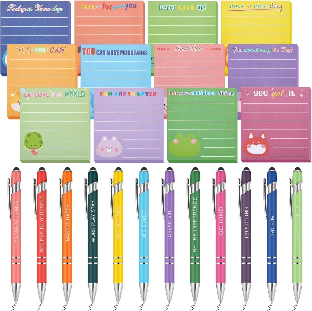 24 Pcs Christmas Inspirational Gifts Bulk, Cute Inspirational Sticky Notes with Fun Pens, 360 Sheets, Employee Appreciation Gift Bulk Mini Motivational Gift for Coworkers Teacher Nurse Office Supplies