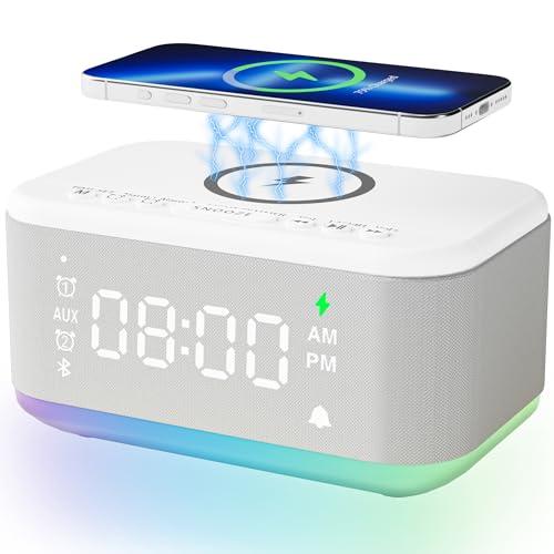 Alarm Clock Speaker Wireless Charger, Digital Alarm Clocks Bedrooms Bluetooth, Alarm Clock Dimmable Light Bedrooms Dual Alarm Snooze Dimmer 12 24H RGB Night Light Bluetooth USB AUX, Grey
