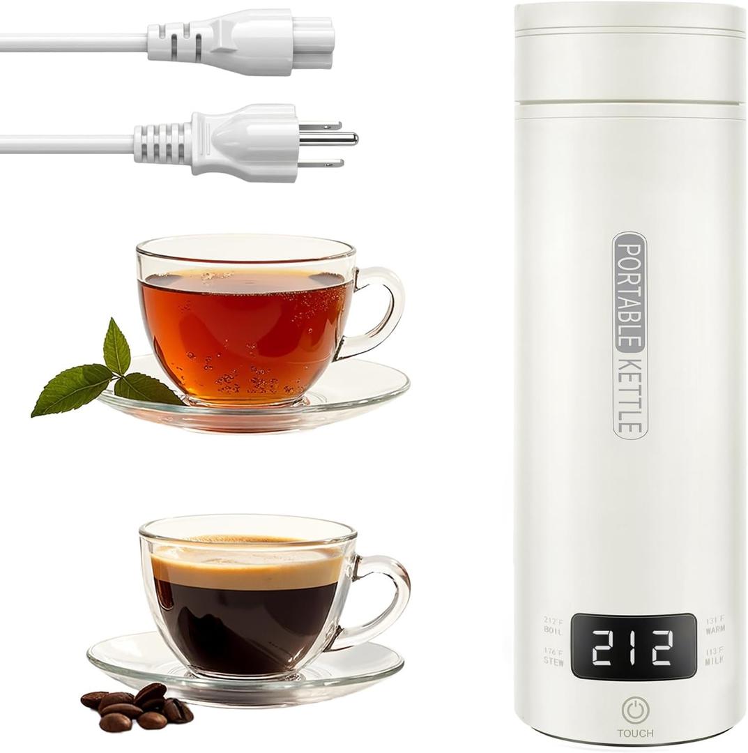 Travel Tea Kettle120V, Portable Electric Kettle, 316 Stainless Steel Premium Liner, 4-speed Temperature Adjustment with Auto Shut-off and Boil-Off Protection, White