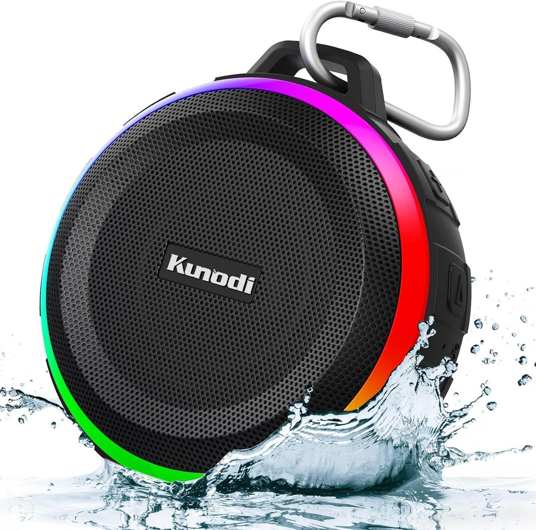 Kunodi Bluetooth Shower Speaker with IPX7 Waterproof, Dynamic Lights, Crisp Clear Sound, True Wireless Stereo, Clip Portable for Pool Beach Boat Kayak Float Golf Gift