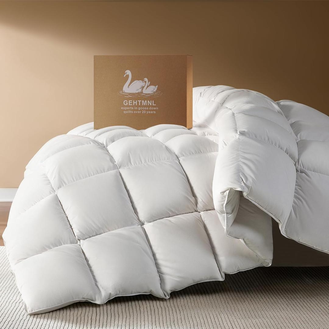 Goose Down Fiber Comforter King Size  All Season Naturally Breathable Down Comforters, Luxury Hotel Collection Duvet Insert with 8 Corner Tabs, Cotton Fabric & Baffle Box (White,65oz Fill)