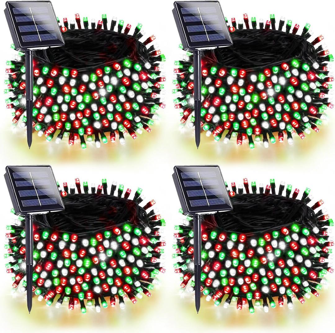 4 Pack 180FT Solar Christmas Lights Outdoor Waterproof, Super Bright 320 LED Solar String Lights with 8 Lighting Modes, Green Wire Solar Twinkle Tree Lights for Outside Xmas Party(Red White and Green)