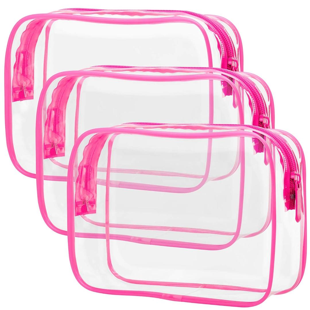 PACKISM TSA Approved Toiletry Bag 3 Medium - Quart Size Clear Makeup Bag for Carry On, Airport Security Compliant Clear Travel bag for Toiletries with Reinforced Seams, Bright Rose Red (Medium Set (Standard))