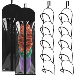 Blulu 10 Pcs Wig Hangers Rack for Multiple Wigs with Dust-proof Storage Bags, Hanging Storage Organizer for Hat with Anti-slip Grips Space Saving for Door Wall Closet Bathroom (Black)