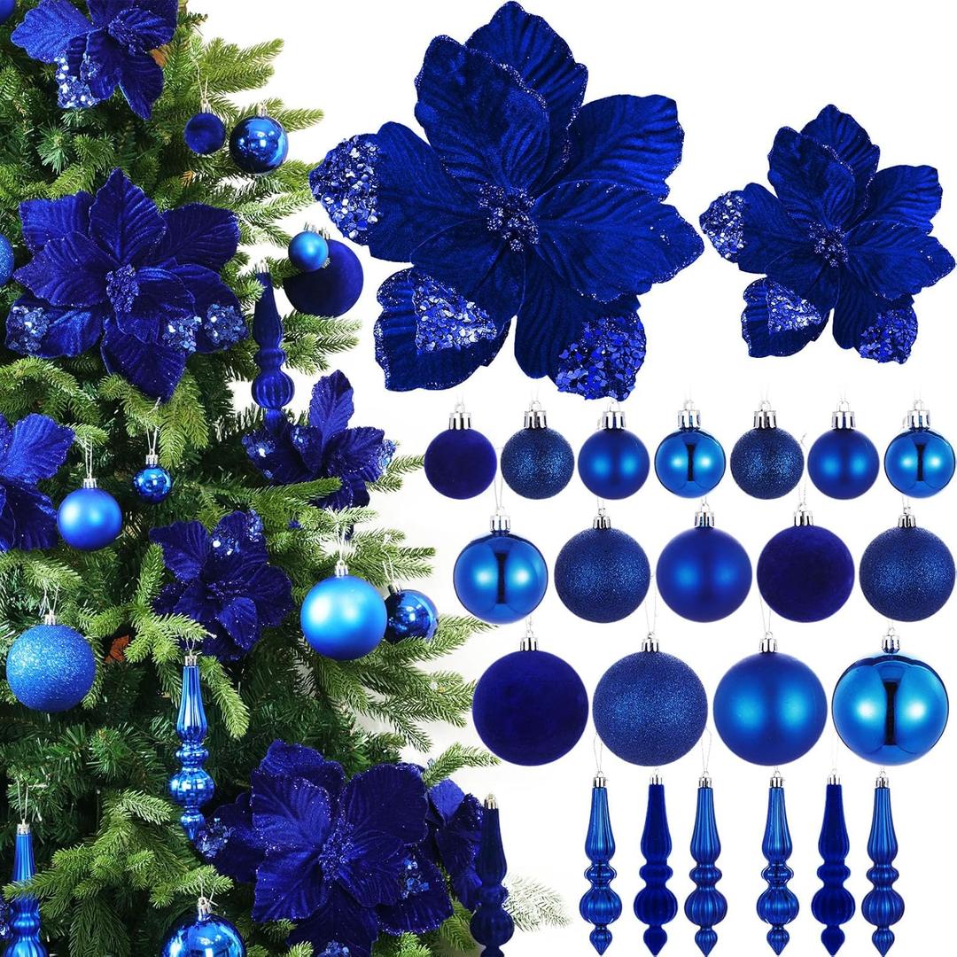 Janinka 36 Pack Christmas Poinsettia Flowers Decoration Set Include 12 Pcs Artificial Glitter Poinsettia, 24 Pcs Hanging Christmas Balls and Teardrop Ornaments for Xmas Holiday Decor(Navy Blue)