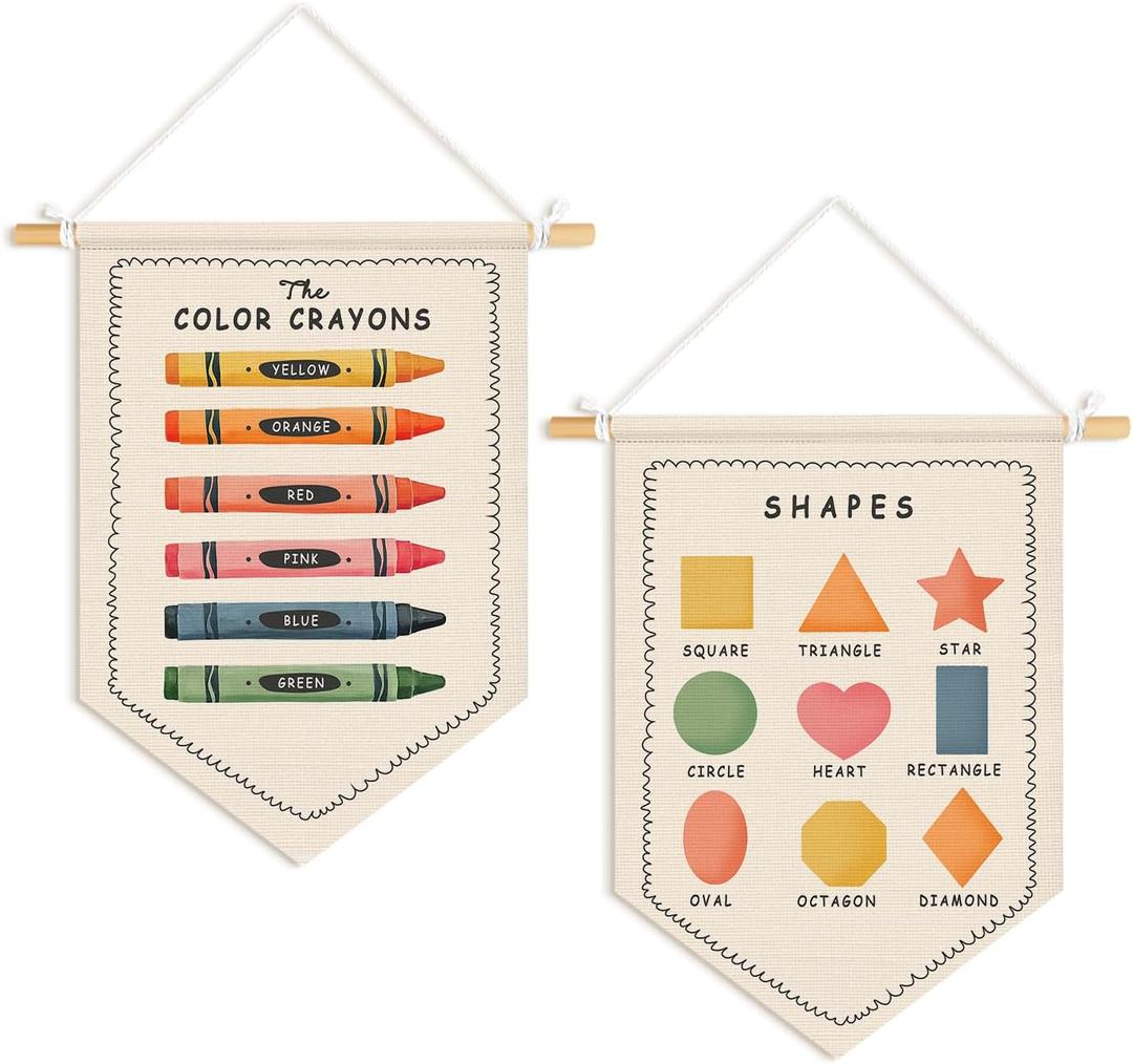 Dilemat Boho Classroom Decor, Shapes Colors Educational Wall Pennants Banners, Colors Shapes Learning Wall Hanging Flag for Toddler Kids Room Playroom Preschool Classroom Decor, Set of 2