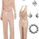Gold 70s Disco Costume: Women's Sequin Backless Halter Neck Jumpsuit with Disco Ball Accessories (Large)
