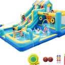 FINCOME Inflatable Bounce House, 10 in 1 Double Water Slide Bounce House with 750W Blower, Climbing Wall, Jumping, Water Gun, Splash Pool, Basketball Hoop for Kids Indoor Outdoor Backyard