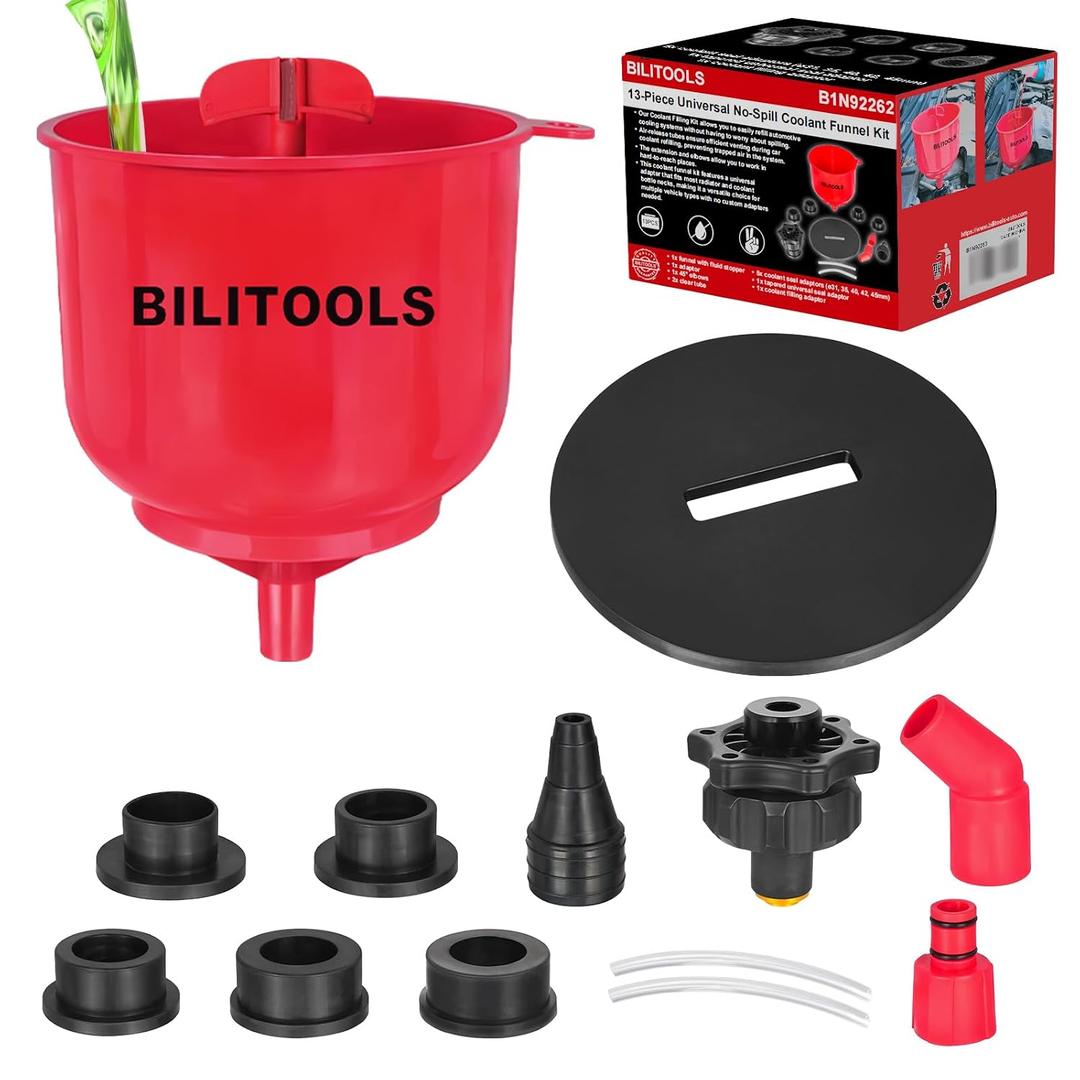 BILITOOLS Universal Coolant Funnel Kit - 13PCS No-Spill Radiator Flush & Burping Funnel Kit with 6 Adapters, Leak-Proof & Air Bleeding Radiator Fill Funnel, Thickened Set for Most Cars