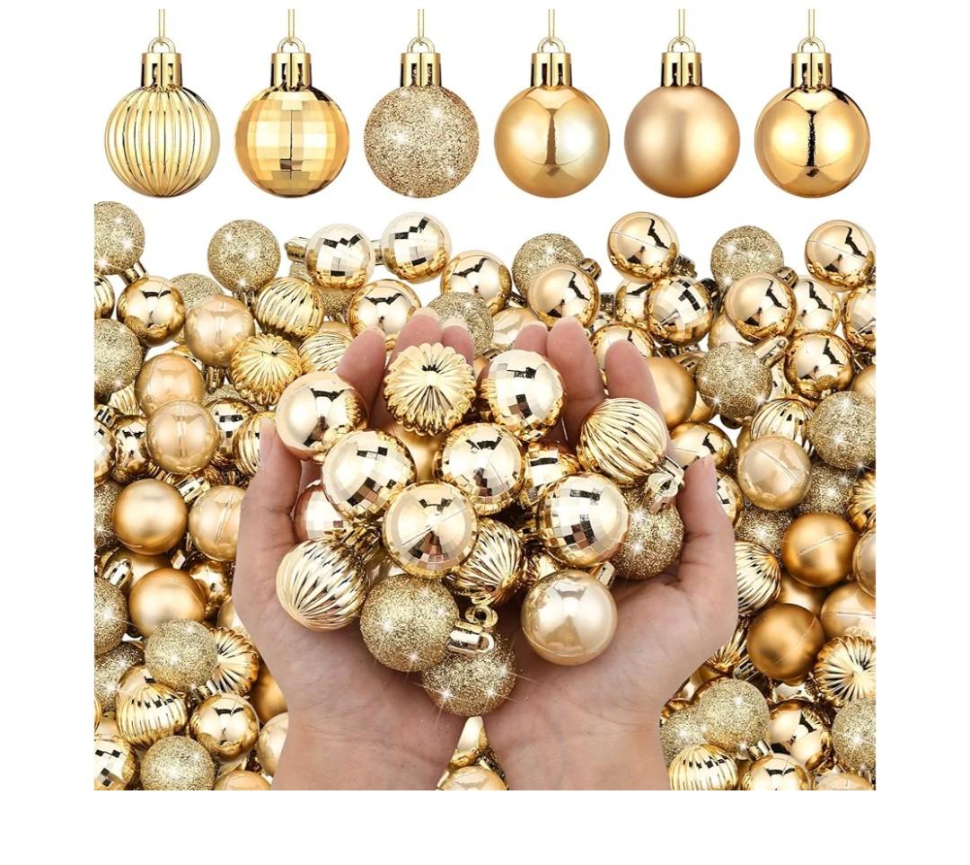 Shappy 216 Pcs Mini Christmas Ball Ornament 1.18 Inch Small Christmas Tree Decorations 6 Styles Shatterproof Xmas Ball with Hanging Loop for Holiday Party Wreath Xmas Tree(Gold)