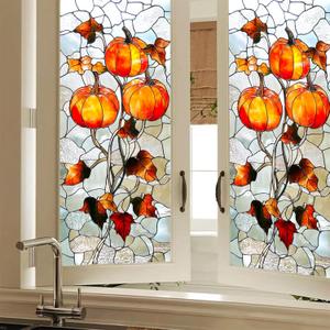 2 x Fall Leaf Privacy Window Film Autumn Pumpkin Stained Glass Window Film Stained Decals Static Cling Sun Blocking Decor for Fall Home Windows Doors Glass Decor 17.7 x 39.3 Inch
