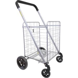 dbest products Cruiser Cart Deluxe 2 Shopping Grocery Rolling Folding Laundry Basket on Wheels Foldable Utility Trolley Compact Lightweight Collapsible, Silver