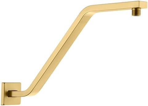 Uvish Square Shower Head Extension Arm with Flange, 16.5 Inch Z/S Shaped High Rise Shower Pipe Extender Wall-Mounted for Fixed Bathroom, Shower Head Goose Neck Arm - Extra Long Thread, Brushed Gold