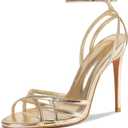 Womens Strappy Lace up Heels Sandals Sexy Stiletto High Heeled Open Square Toe Strap Summer Dress Shoes (7, Gold)