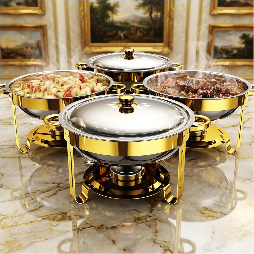 Chafing Dishes for Buffet 4 Pack, 5QT Round Stainless Steel Chafing Dish Set Food Pan with Lid, Buffet Warmers Sets for Home, Gatherings, Birthday, Parties, Church Events,Catering Events
