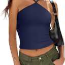 REORIA Womens Camisole Tank Tops Criss Cross Halter Top Double Lined Backless Crop Tops Y2K Vacation Outfits (Small, Estate Blue)