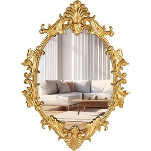 Gold Oval Wall Mirror, 19"x27" Vintage Decorative Baroque Hanging Mirrors for Bedroom, Living Room Dresser Decor, Entryway