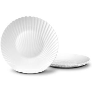 12 inch Large Dinner Plate Set of 4, Lightweight Seashell Shaped Opal Glass Serving Platters White for Charcuterie, Dessert, Fruit Appetizer, Dishwasher and Microwave Safe