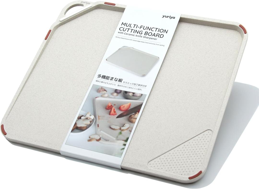Plastic Cutting Board for Kitchen, Dishwasher Safe, Double-Sided Wheat Straw Board with Knife Sharpener and Garlic Grinder, Non-Slip, Juice Groove, Meat Grip Spikes, BPA-Free, Sand Beige