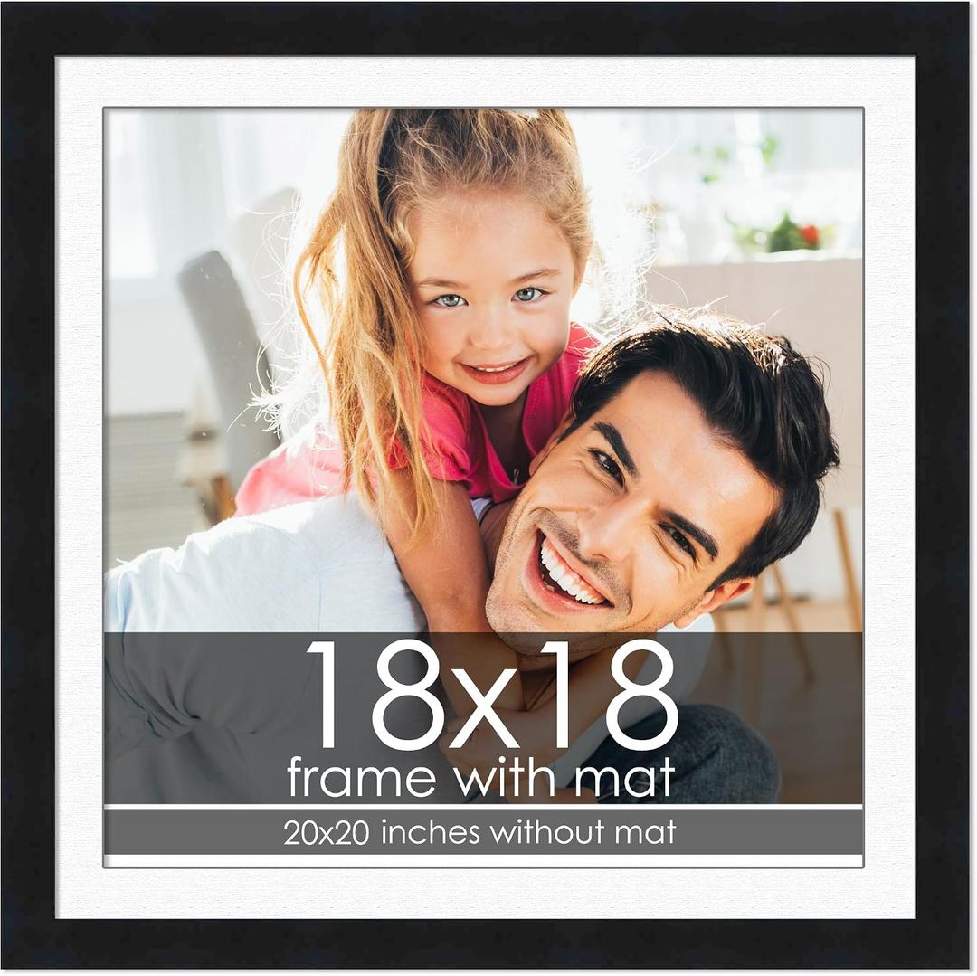 18x18 Frame with Mat - Black 20x20 Frame Wood Made to Display Print or Poster Measuring 18 x 18 Inches with White Photo Mat, 20x20 Matted To 18x18