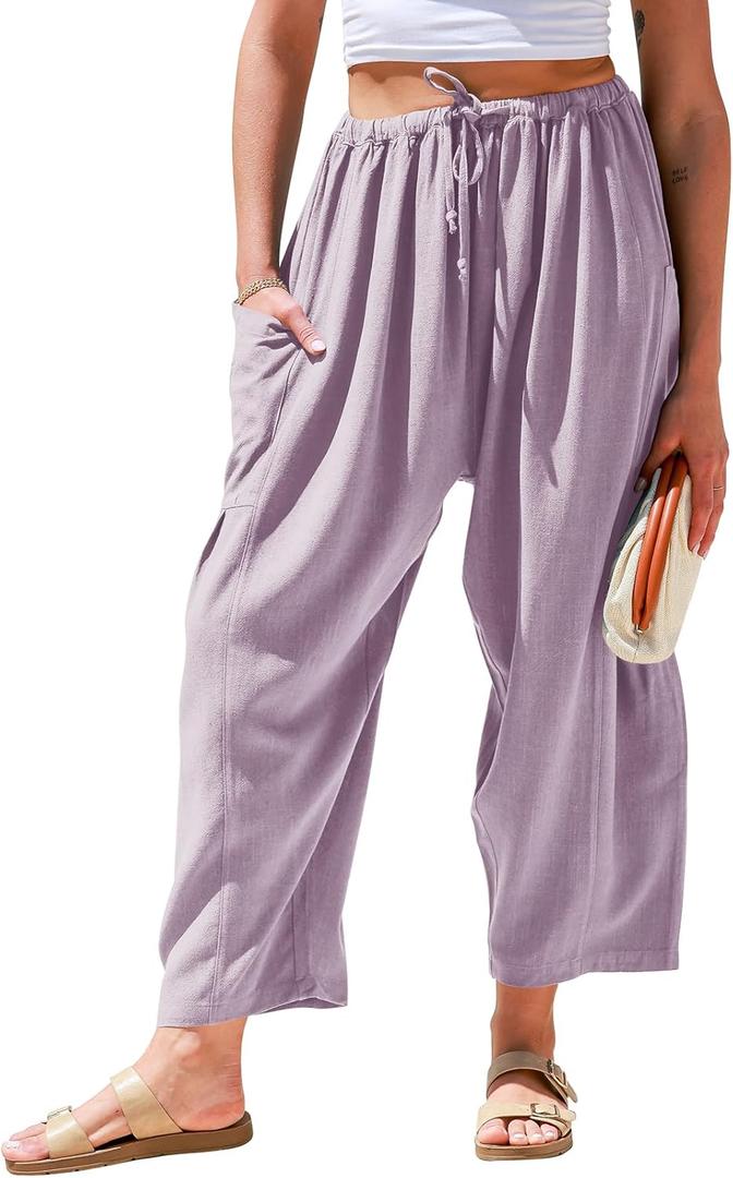 TARSE Womens Linen Wide Leg Pants Casual Loose Drawstring Summer Beach Travel Vacation Palazzo Harem Pants with Pockets (Medium, Light Purple Pink)