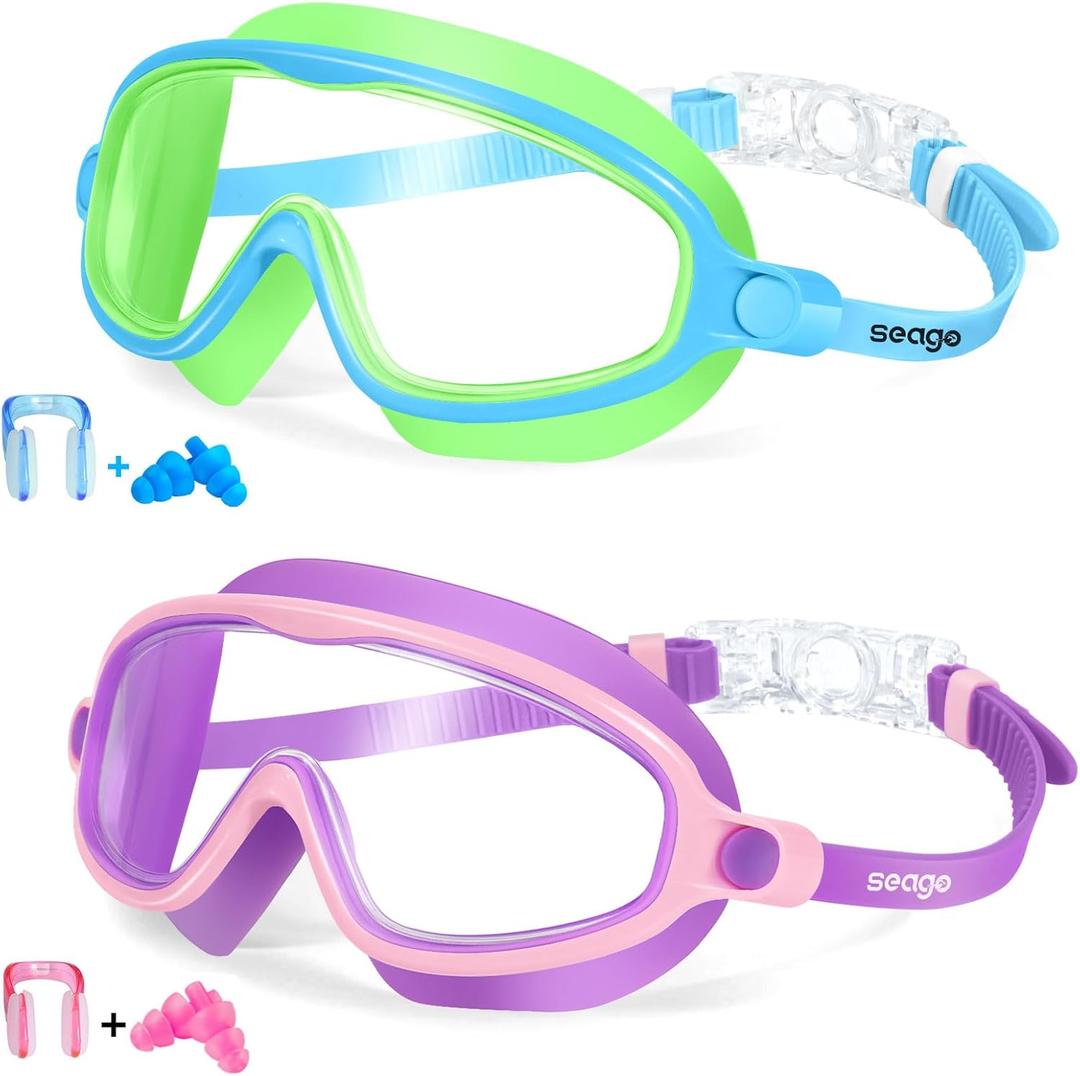Seago Swim Goggles 2 Pack Anti-Fog Anti-UV Wide View Swimming Goggles for Kids 3-14 (Pink & Green Blue)