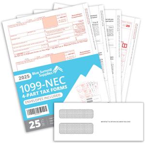 Blue Summit 1099 NEC Forms 2025 with Envelopes, 25 2025 1099 NEC Tax Forms, 4 Part Kit, Compatible with QuickBooks and Accounting Software, 25 Self Seal Envelopes with 3 1096 Included