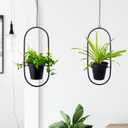 Modern Metal Hanging Planters with 5 Inch Pots - Set of 2 Oval Geometric Plant Hangers - Black Wall and Ceiling Mount Flower Holders for Indoor and Covered Outdoor Houseplants