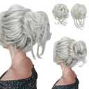 SARLA 2PCS White Messy Bun Hair Pieces for Women Wavy Curly Synthetic Hairpieces for Updos with Tendrils Fake Scrunchies Ponytail Extension