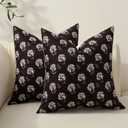 Set of 2 Cotton Linen Floral Throw Pillow Covers, Block Print Pastoral Decorative Cushion Covers 18x18 Inch, Farmhouse Home Decor Accent Vintage Pillow Covers for Sofa Bed Living Room, Dark Brown
