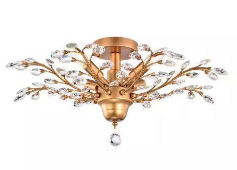 Verna 23.6 in. Dia 4-Light Shiny Bronze Crystal Leaves Branches Flush Mount FD-4084-EJG