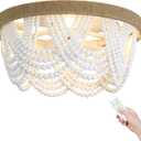 Boho Ceiling Fan with Light and Remote, 20 Wood Beads Flush Mount Ceiling Fans with 6 Speeds, Bohemian Caged Fandelier Chandelier Fan for Nursery Bedroom Living Room