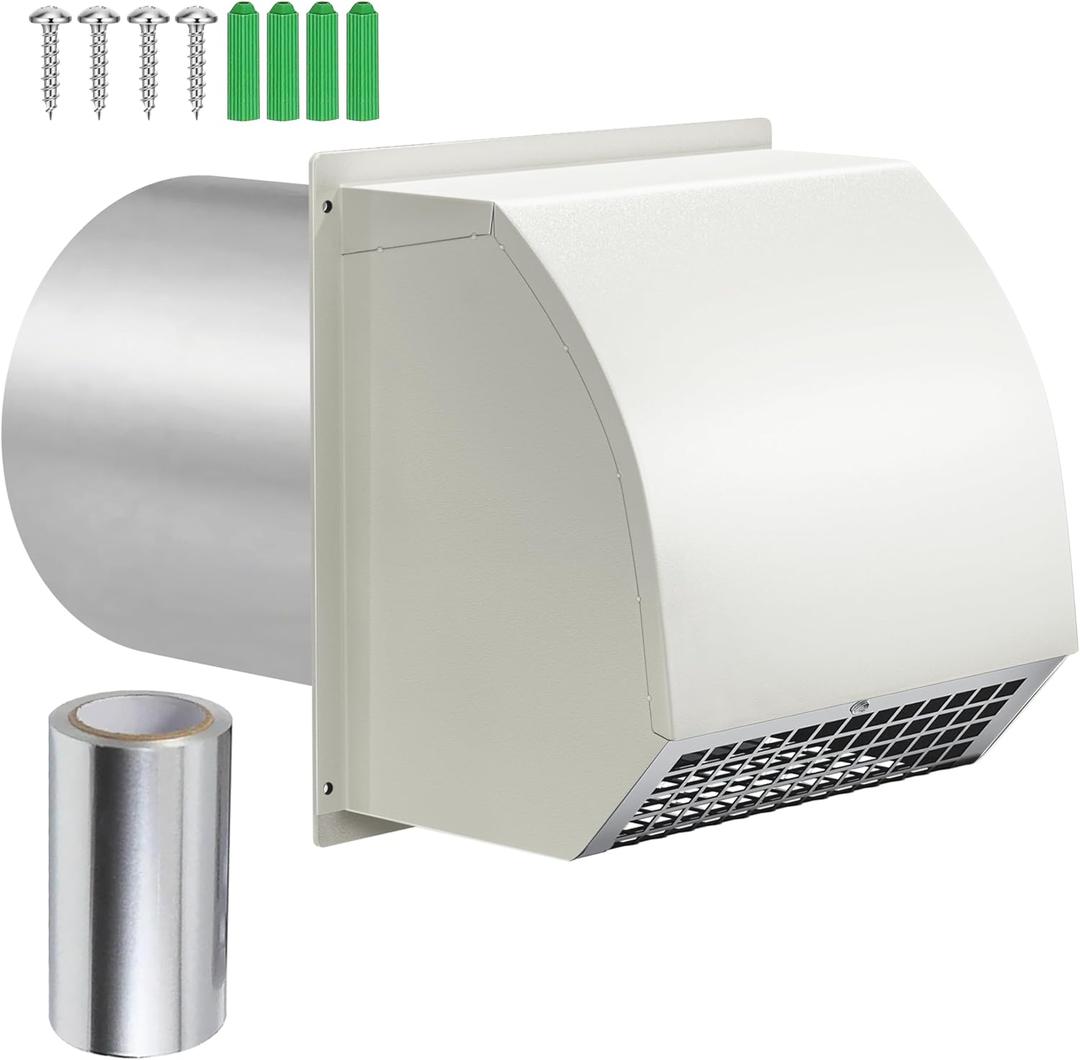 6 Inch Hooded Wall Vent Cover, Dryer Exhaust Vent Metal Mesh Cover Outside, Wall Vents Cover Cap Exterior Air Exhaust with Pest Bird Guard, Screen and Damper for Kitchen Bathroom House Range Hood HVAC (White)