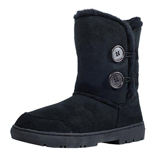 CLPP'LI Womens Twin Button Fully Fur Lined Waterproof Winter Snow Boots-Black-9