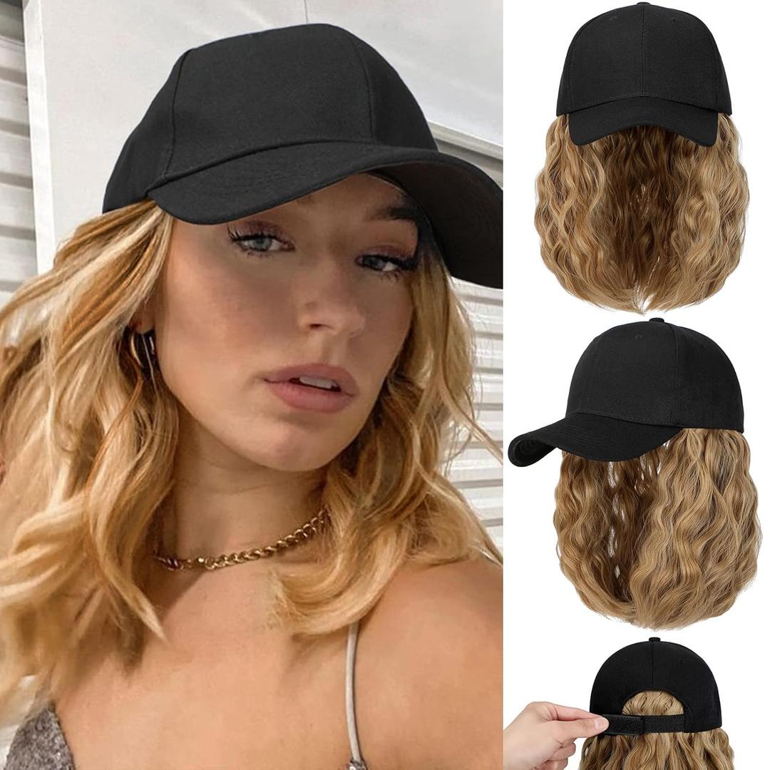 Qlenkay Baseball Cap with Hair Extensions 14inch Wavy Curly Bob Hairstyle Adjustable Wig Hat Attached Synthetic Hairpiece for Woman Ash Blonde Mix Ginger Brown