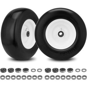 2PCS 13x5.00-6 Flat Free Tire and Wheel with 1/2" & 3/4" & 5/8" Precision Bearings and 3"-11" Centered Hub, White Front Zero-Turn Smooth Tire Replacement for Riding Lawn Mowers Garden Tractor