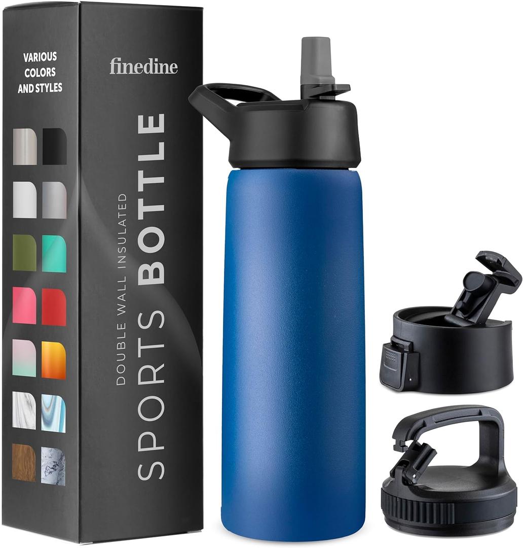 FineDine Triple Walled, Insulated Water Bottles with Straw - 25 Oz Stainless Steel Metal Bottle W/ 3 Leak Proof Lids - For Travel, School, Sports, Gym/Men, Women & Kids - Majestic Sapphire