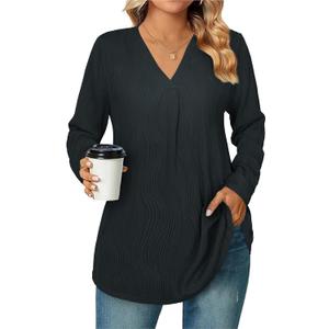 Womens 3 4 Sleeve Blouse Long Sleeve Business Casual Tunic Tops V Neck Work Tops Textured Dressy Casual Shirts (Black, XXL)