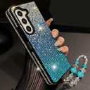 for Samsung Galaxy Z Fold 7 Bling Case Luxury Glitter Diamond Sparkly Rhinestone Cute Gemstone Slim Pretty Phone Cover with Crystal Wrist Strap for Women Girly,Blue