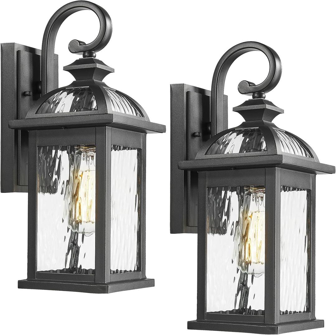 Darkaway Outdoor Lights Fixture Wall Mount, Exterior Wall Light with Water Ripple Glass Waterproof Black Outside Wall Sconce for House Porch Hallway Garage (15", 2 pack)
